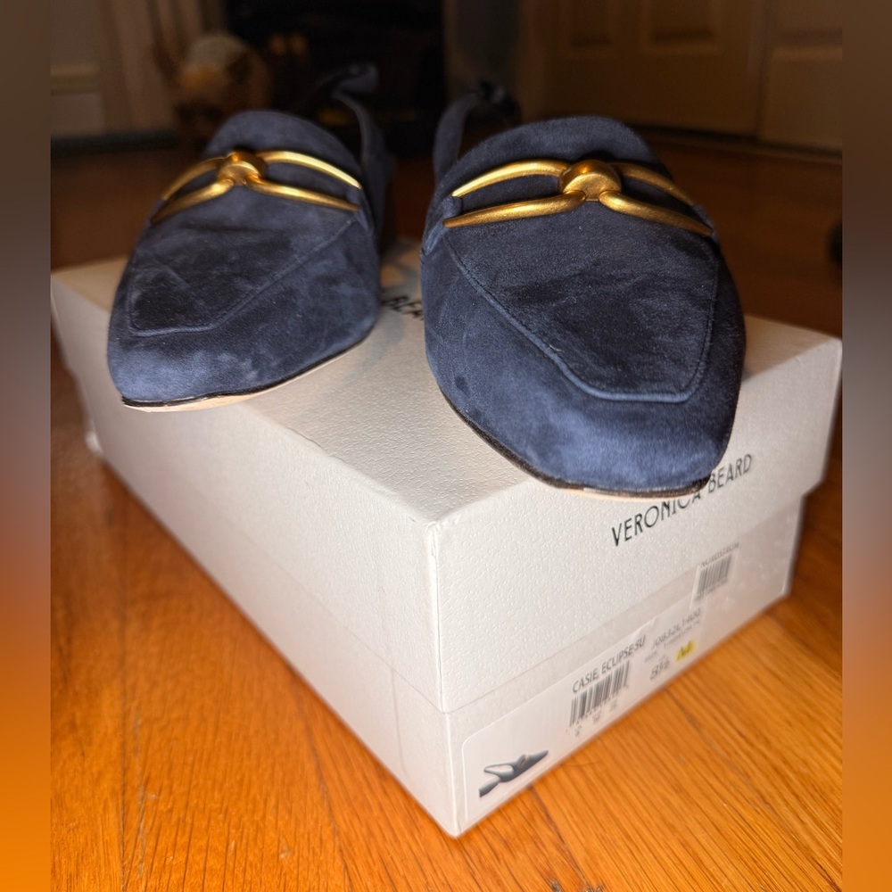 VERONICA BEARD Casie Slingback Pump in Navy Blue Suede with a Gold-Tone Buckle - Picture 5 of 13